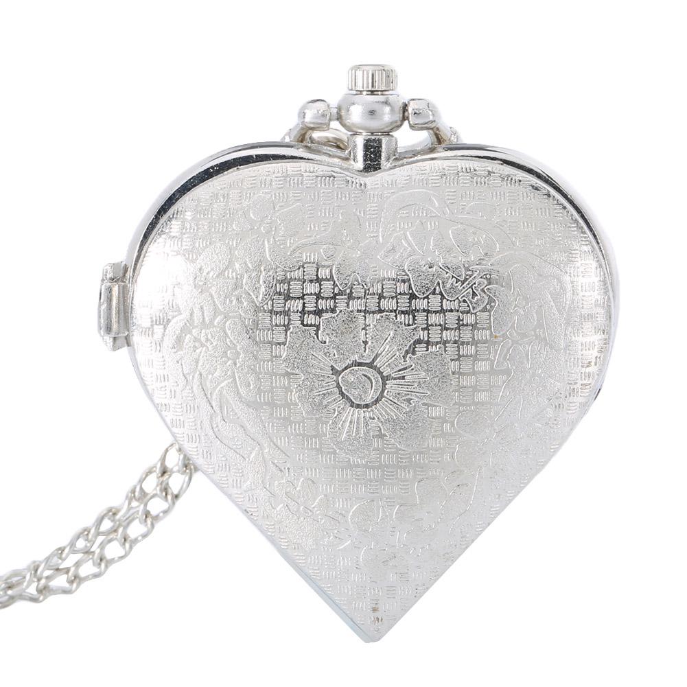 Silver Heart Hollow Openwork Pocket Watch with Diamonds Vintage Design Antique Style Pendant Necklace for Women Birthday Gift