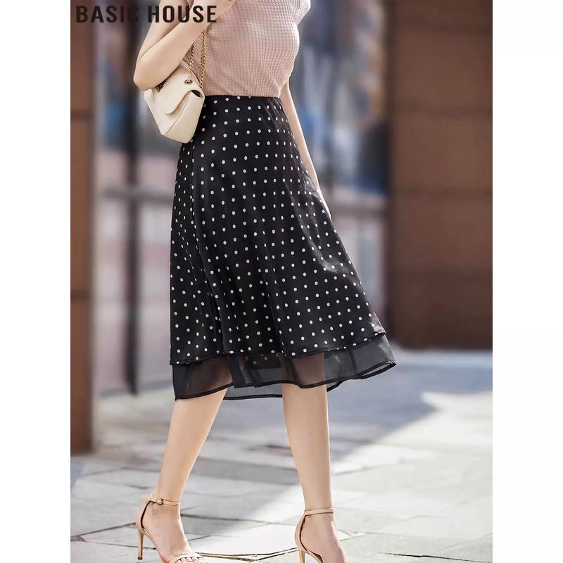 Basic House Black Polka Dot Mesh A-Line Skirt M