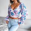 GMXIA Blusas ajustadas de manga larga con cuello en V y estampado floral de verano informal a la moda para mujer y camisetas cortas de gasa con mangas abullonadas para vacaciones