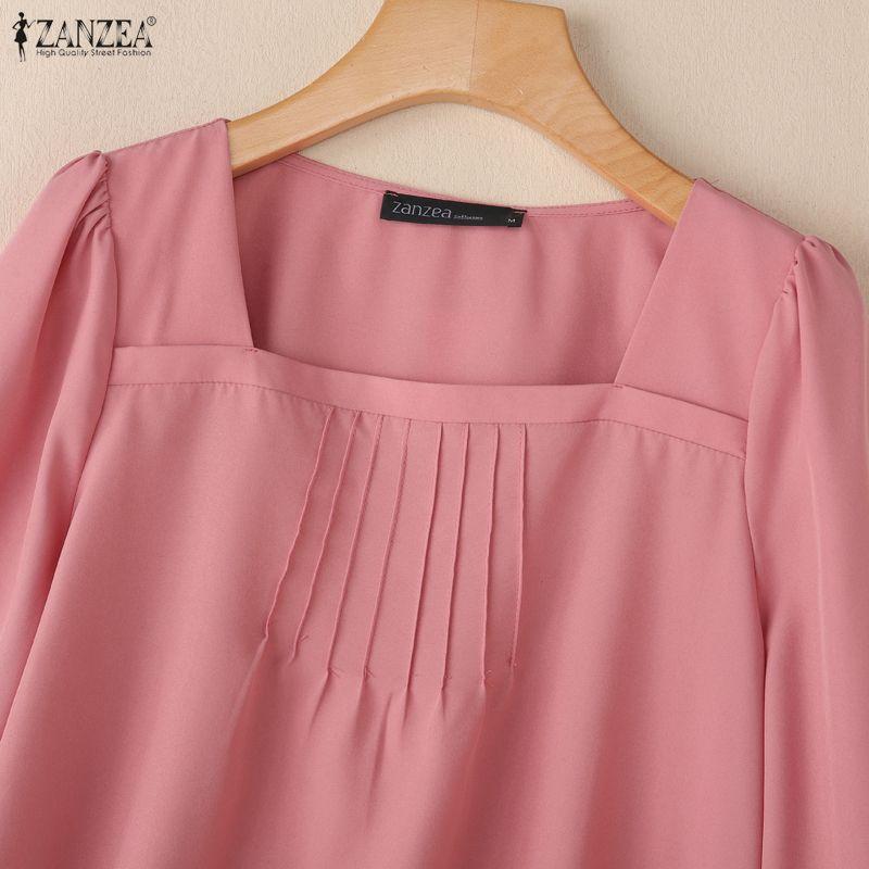 ZANZEA Women Square Collar Summer Casual 3/4 Sleeve Solid Blouse