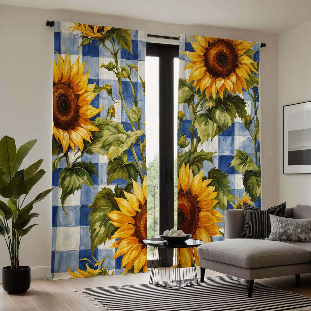 

2 шт. HD сине-белой клетчатой занавески с изображением подсолнечника для украшения сада Желтые занавески с цифровой печатью для украшения дома в стиле decorat W52H63inchW132H160cm