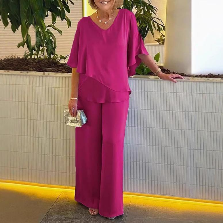 2024 Solid Color V-Neck Irregular Hem Plus Size Casual Set