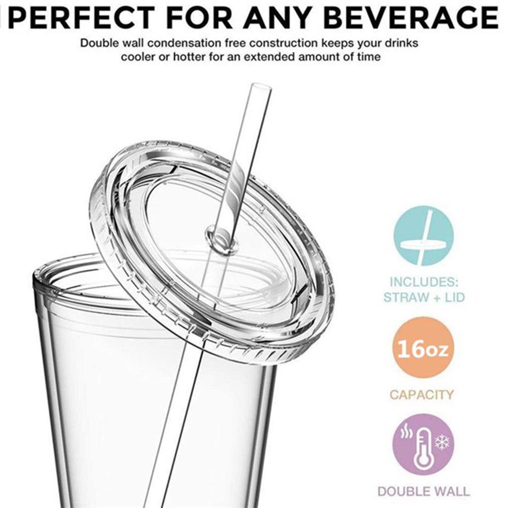 16oz Double Layer Transparent Plastic Water Cup Portable Double Layer Straw Cup