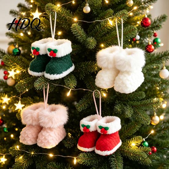 Decorative Fireplace Hanging Soft Plush Christmas Boot Ornament Knitted Handmade Style Holiday Gift Pendant for Xmas Tree Party Decor Tree Branch