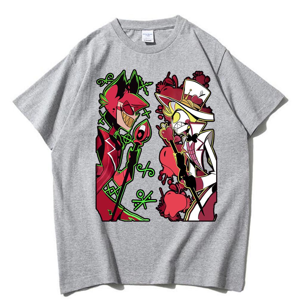 Anime Hazbin Hotel Alastor VS Lucifer Graphic T Shirt Woman Man Harajuku Round Neck T-shirt Gift Tops