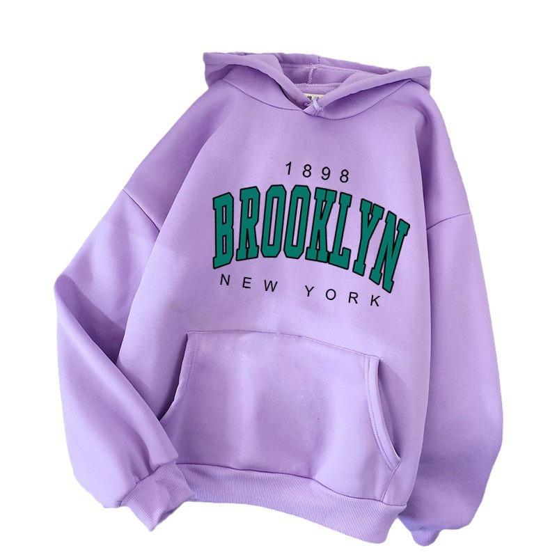 Brooklyn Print Fleece Hoodie: Autumn/Winter Loose Fit for Women & Couples