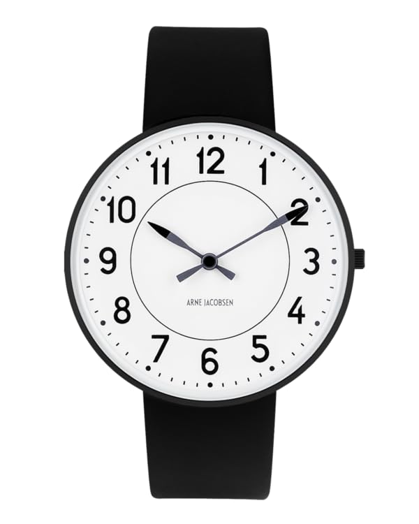 ARNE JACOBSEN STATION 53412-2001B Watch, 40mm, Scandinavian Design, Water Resistant (Quiet Design with No Second Hand), White with Black Leather Strap