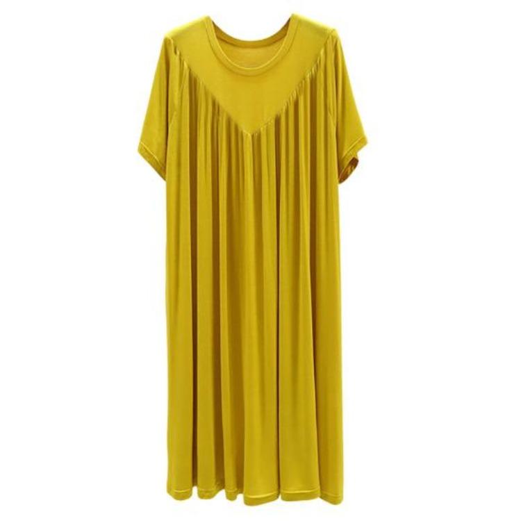 Summer Casual Dress Women Loose Knee Length Pullover Thin Midi Dress Short Sleeves Solid Color Pleated O Neck Daily Wear