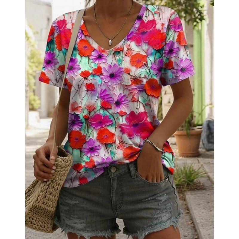 Summer V-neck 3D Printed Colorful Flower Pattern Top Fashionable Casual Short Sleeved Women's T-shirts