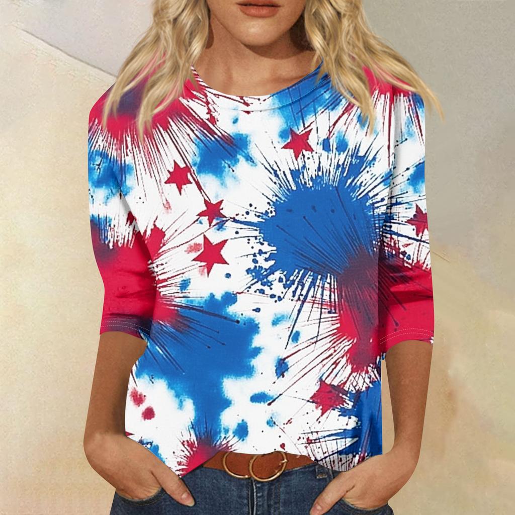 Women's Fashion Casual Seven-Sleeve Independence Day Print Round Neck Top