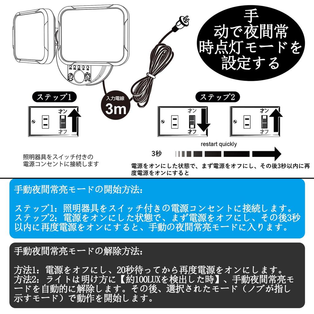 LED sensor light, outdoor 100V, outlet type, IP65 waterproof, 3 modes (motion sensor, D2D, constant light), 3000 lumens brightness, 2 levels of