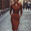 Spring Autumn Stand Collar Elegant Fashion Belt Bodycon Evening Dress Women Long Sleeve Waist Robe Vestidos