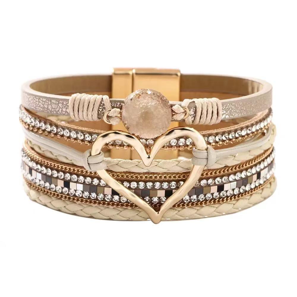Braided Heart Woven Bracelet Leather Stacked Zircon Bracelets  Female Jewelry