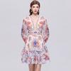 Elegant Ruffled Patchwork Floral Printing Dresses for Women's V-Neck Long Lantern Sleeve High Waist Spliced Single Breasted Short Dress