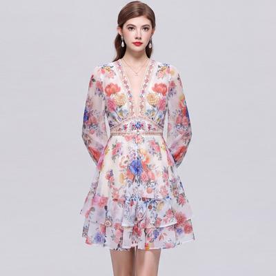 Elegant Ruffled Patchwork Floral Printing Dresses for Women's V-Neck Long Lantern Sleeve High Waist Spliced Single Breasted Short Dress