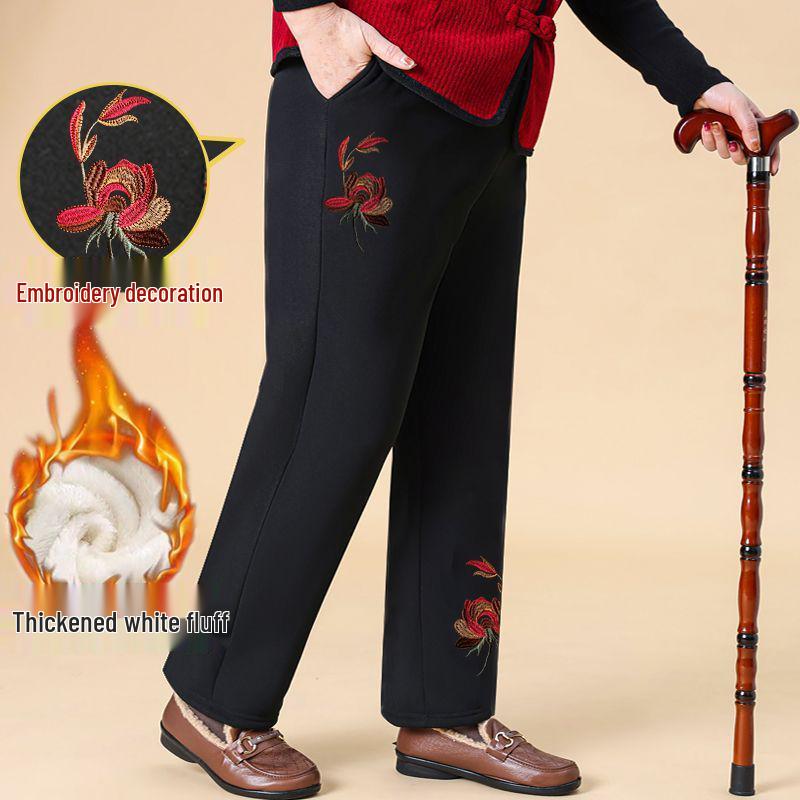Women's Winter Embroidered Floral Cotton Pants, Loose Fit, Elastic Waist, for Middle-Aged & Elderly, Plus Velvet, Straight-Leg.