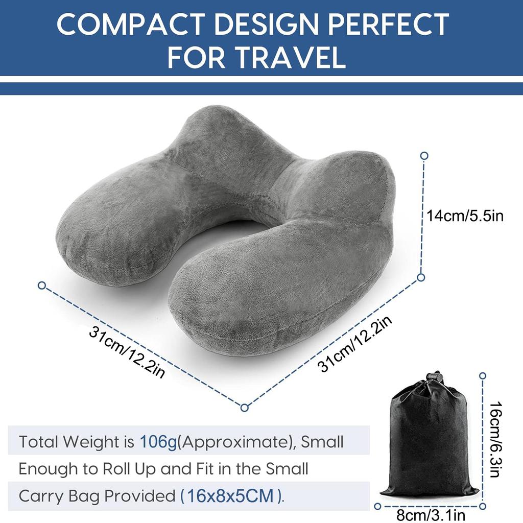 Inflatable Travel Pillow with Soft Velvet Cover & Carry Bag, Neck Support for Airplane, Car, Office & Adult Sleeping