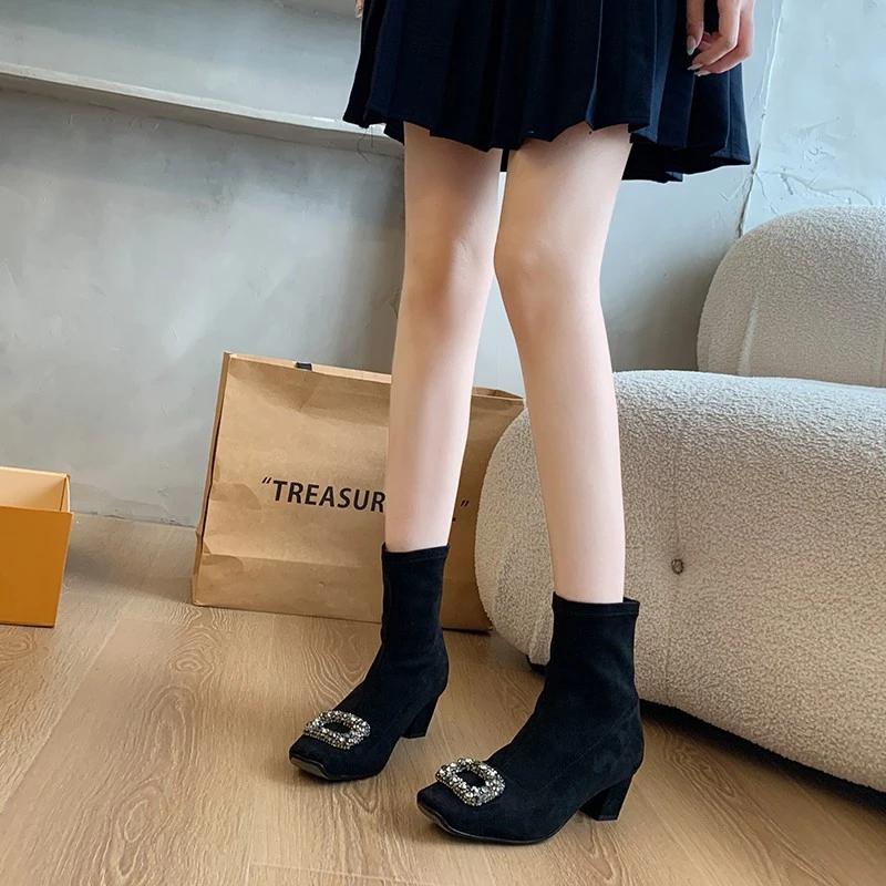Fashion Skinny Boots Women's Block Heel French Naked Boots Rhinestone Suede Square Toe Stretch Booties Skinny