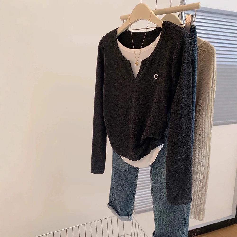 Two Contrasting Color Patchwork Long-sleeved T-shirts for Women, New Spring and Autumn Styles, Slimming and Flattering, Hot Girl Base Layer, Niche Top