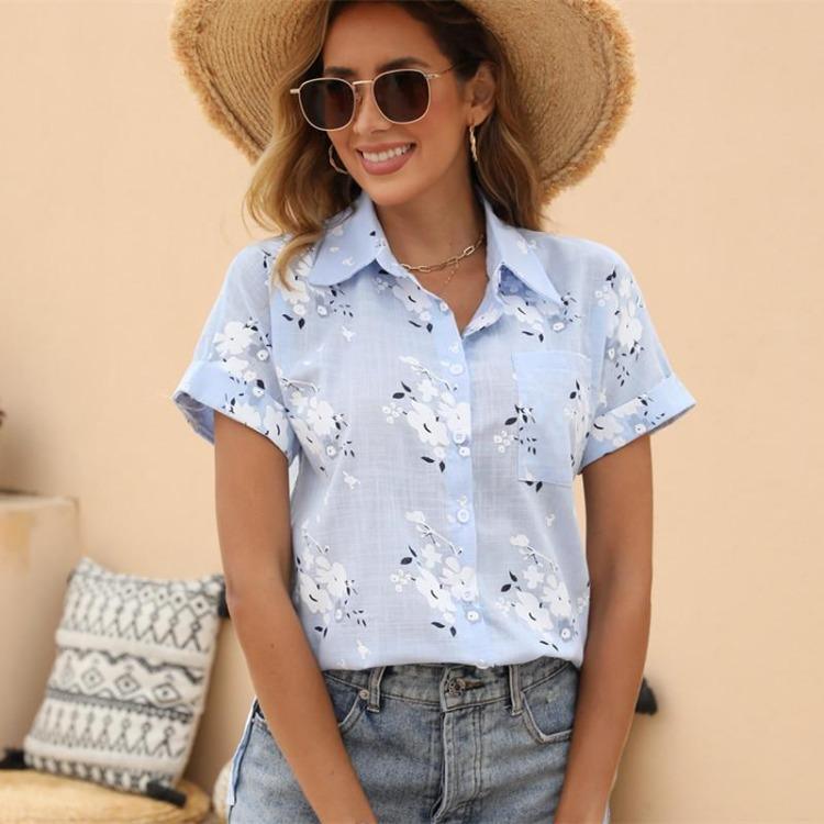 Women Casual Short Sleeve Polo Shirts with Flower Print for Spring Summer Fashion