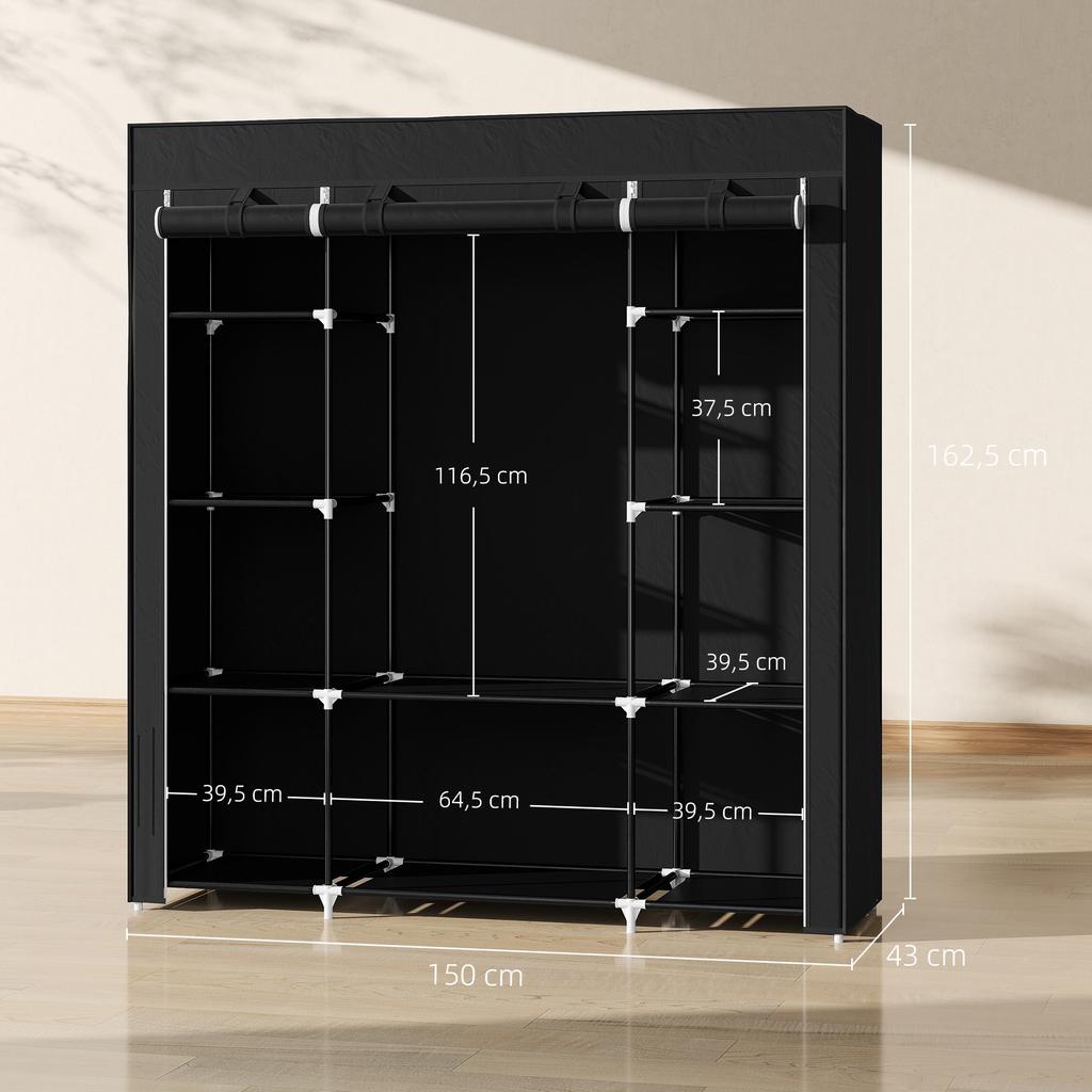 Armadio in Tessuto Non Tessuto, Armadio Pieghevole, 1 Barra Appendiabiti, 9 Ripiani, 150 cm x 43 cm x 162,5 cm, Nero