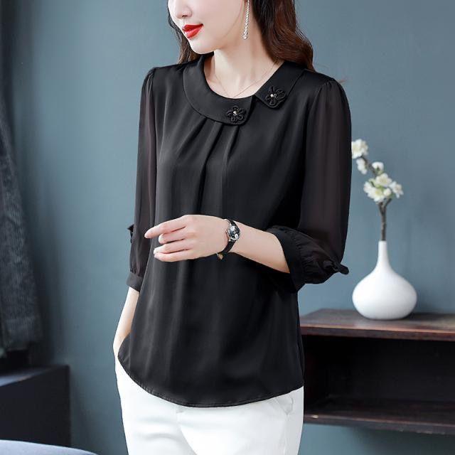 Women's Spring and Autumn Plus Size Thin Section Round Neck Seven Quarter Sleeve Solid Colour Casual Loose Breathable Comfortable Shirt