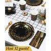 224 Pieces Party Supplies Black and Gold Party Plates Cups and Napkins Sets with Plastic Knives Forks Spoons Disposable Tablewa