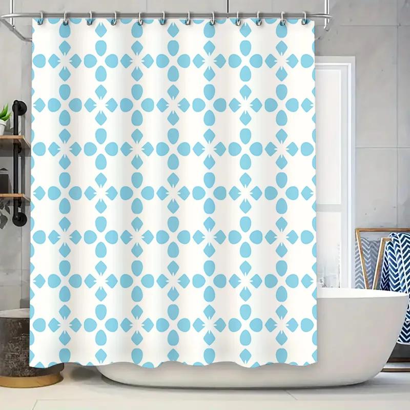 Blue White Geometric Shower Curtain Decorative Bath Liner Set with Hook for Home