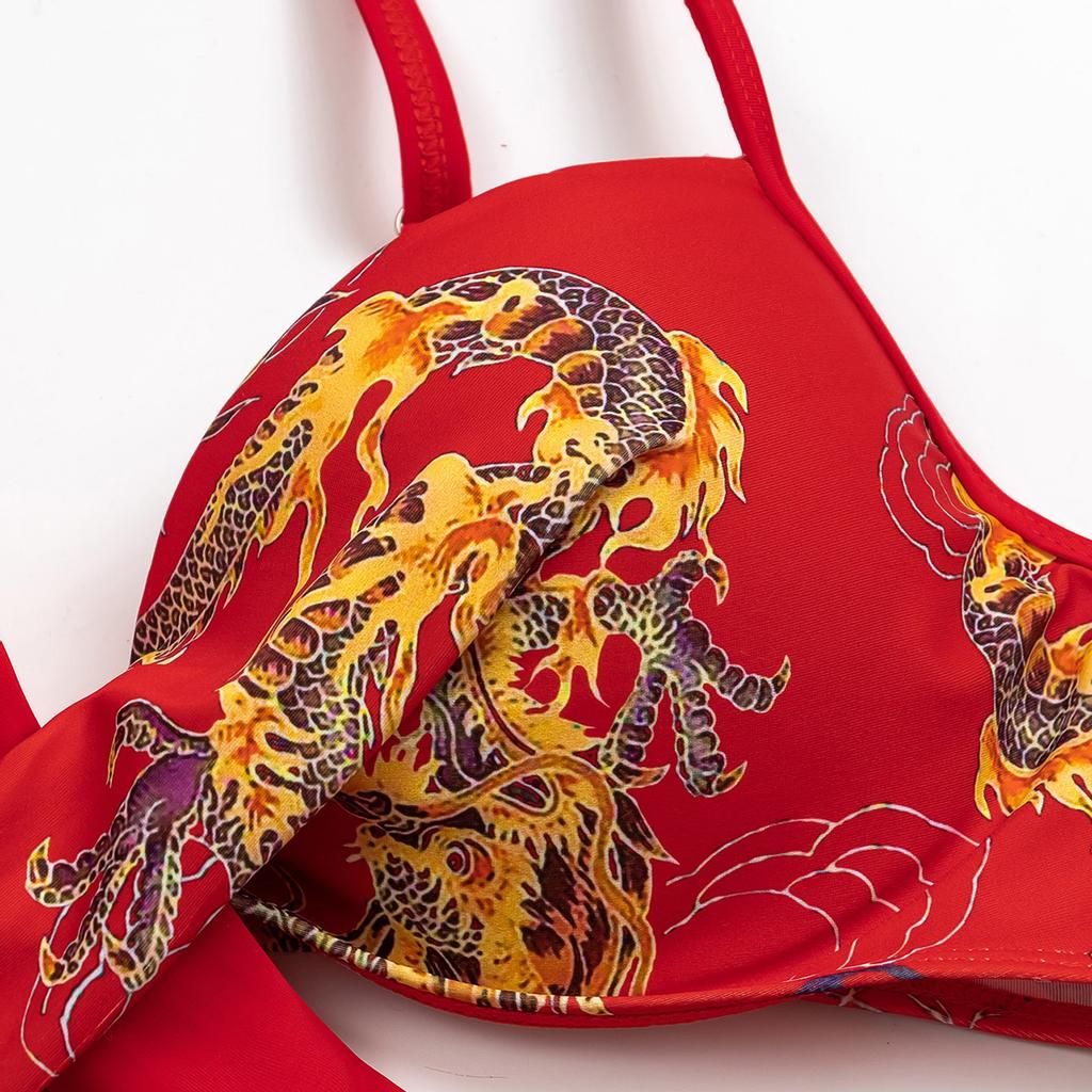 Women Sexy Dragon Print Split Swimsuit With Coat And Sun  Straps