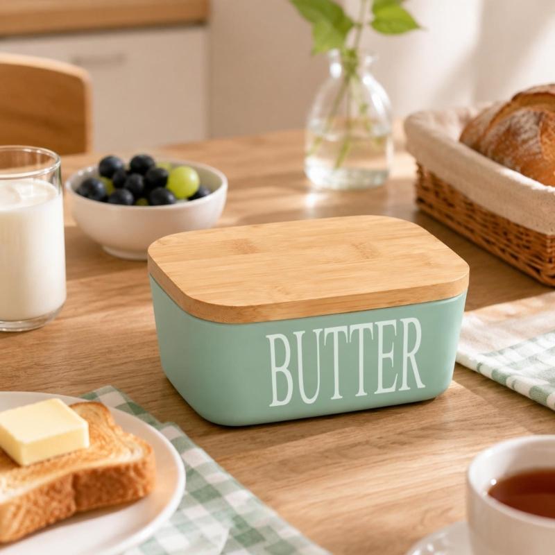 Butter Dish with Natural Wood Lid, Covered Butter Container for Refrigerator Storage and Everyday Table Service