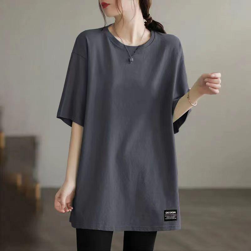 

First-Line Big Brand Counter Shopping Mall Withdraw Label Cut Women s Clothes Mid Length Long Length Pure Cotton Top T-shirt with Short Sleeves Tide Grey [pure color]] M