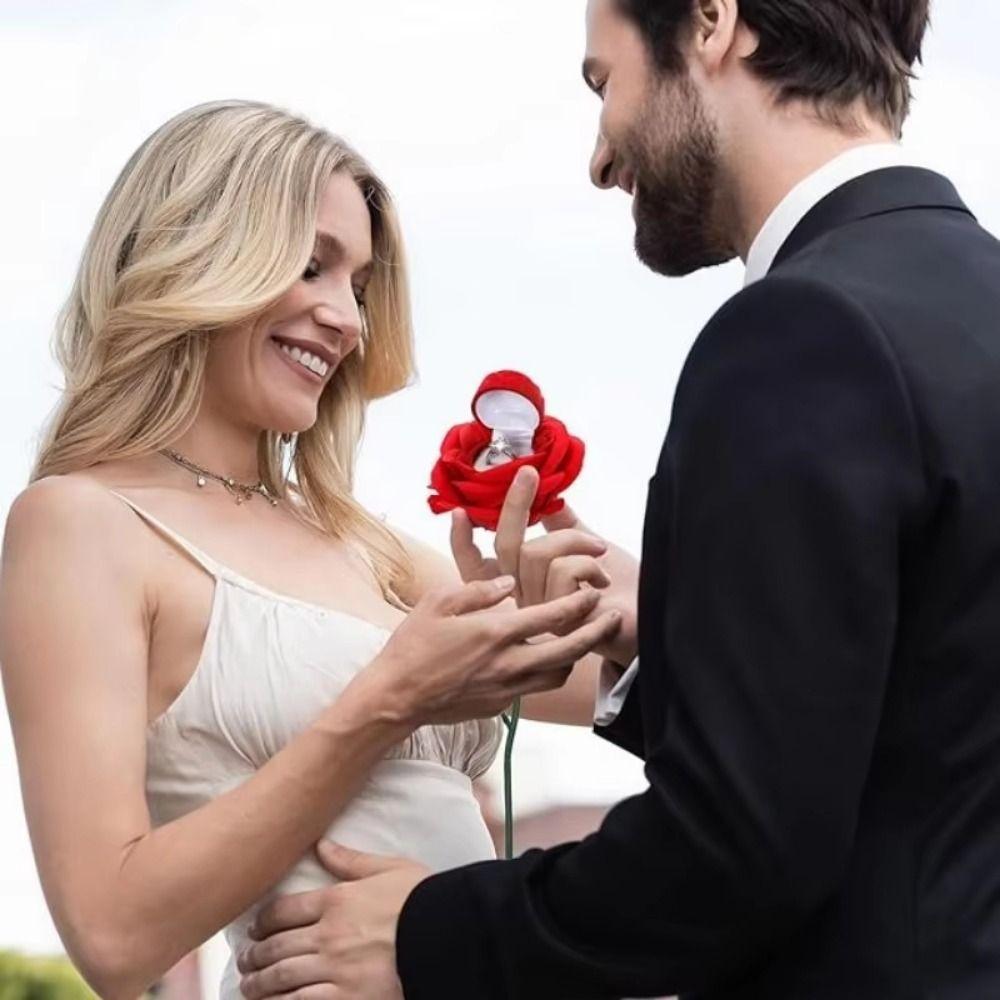 Creative Wedding Ring Holder Red Velvet Earrings Rose Flower Ring Box 3D Red Rose Flocked Artificial Rose Ring Bearer Case