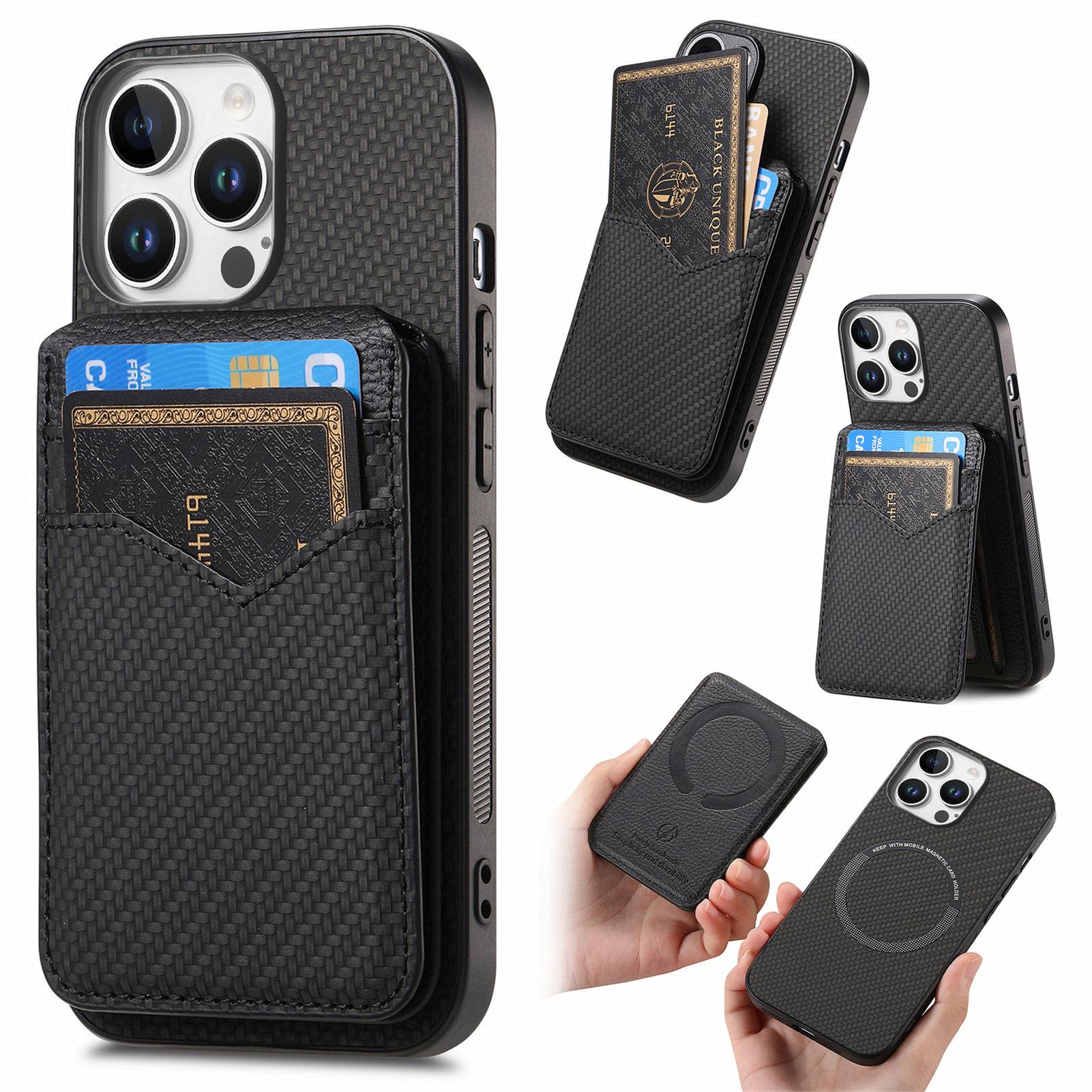 

For iPhone 16 Pro Max Magnetic Case Carbon Fiber Texture Back Cover with Detachable Card Holder Black