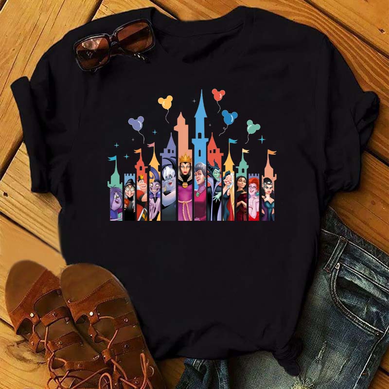 Funny Summer Disney Villains Printed Women T Shirts Round Neck Y2k Clothes Cartoon Graphic T Shirts 90s Female Tops Tees