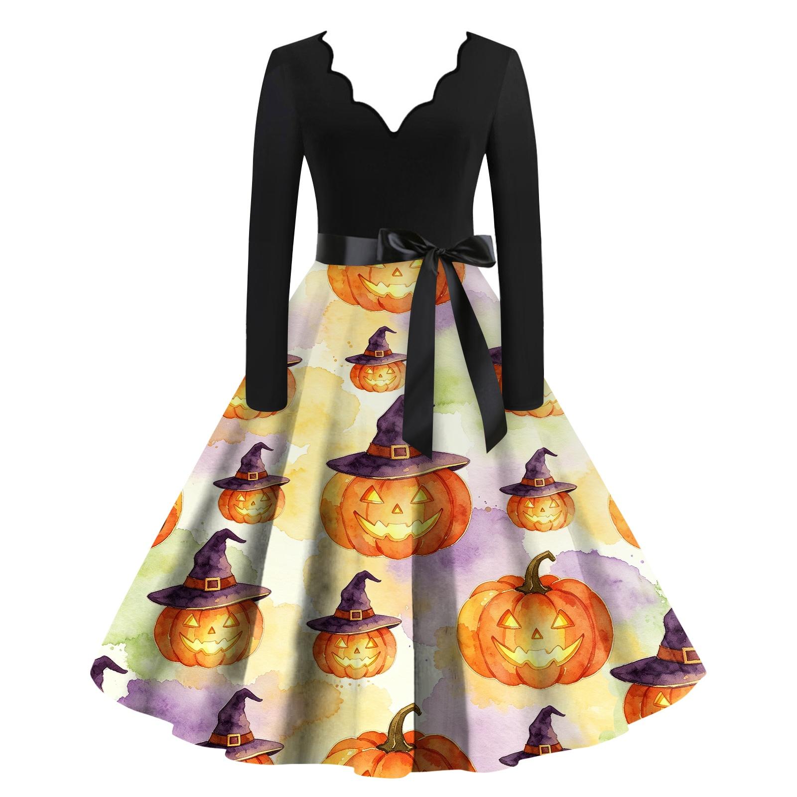 Women s Trendy V-Neck Long Sleeve Halloween Print Dress for Casual Occasions L