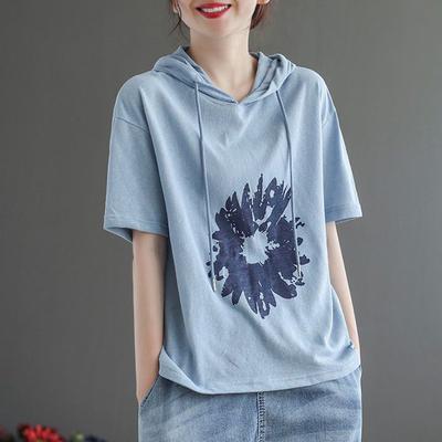 Cotton Short Sleeve Hooded Sweatshirt Women Summer Plus Size Women Comfortable Loose Short Sleeve T-Shirt Tops