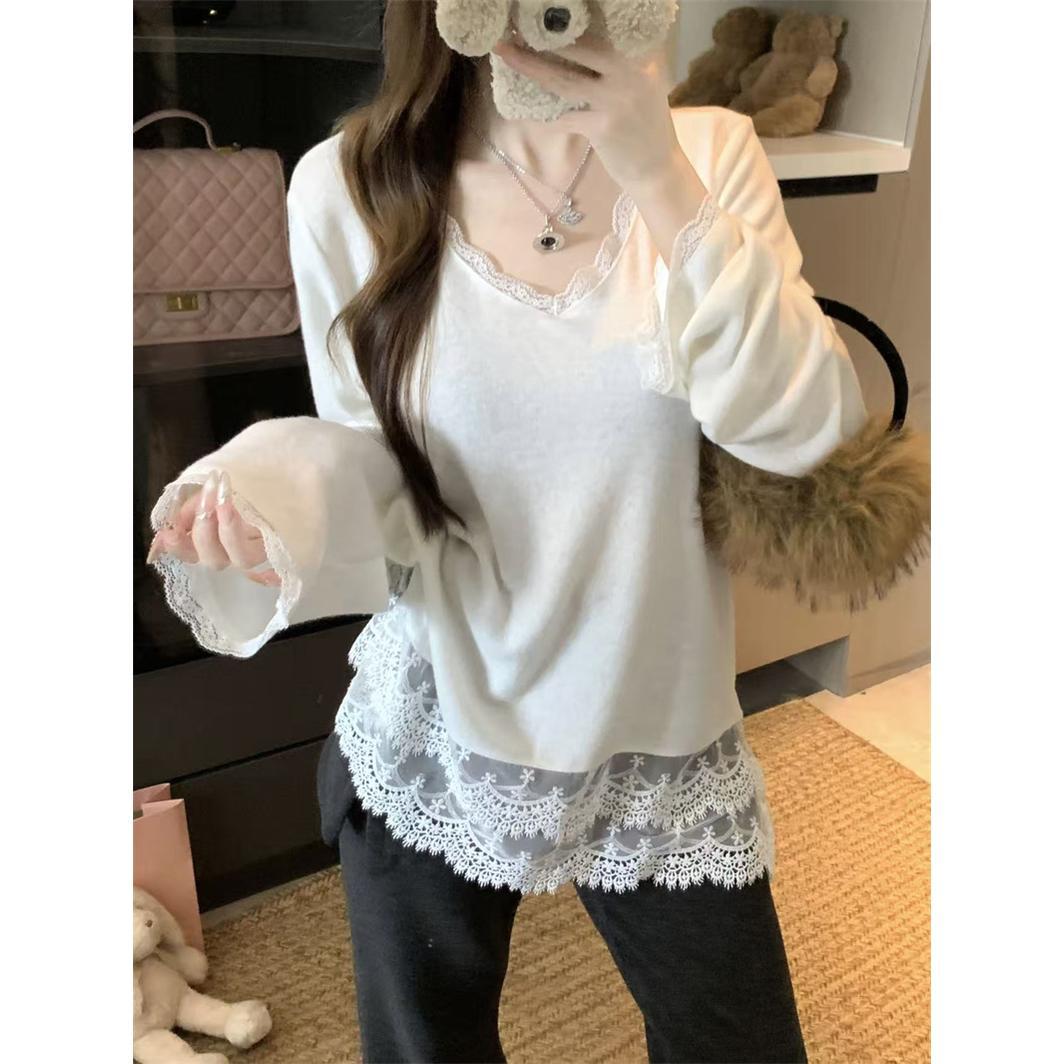 220g Ribbed Velvet Lace Patchwork V-Neck Long Sleeve Loose Top for Women - Autumn/Winter XL белый