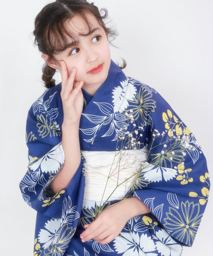 Yukata Change Set Heiko Junior Girls Gunjo [KYOETSU] Set, Yukata, Two-Part Type, Girls, Unbleached, Weave, 2-piece (Yukata, Obi), (5. Nadeshiko,