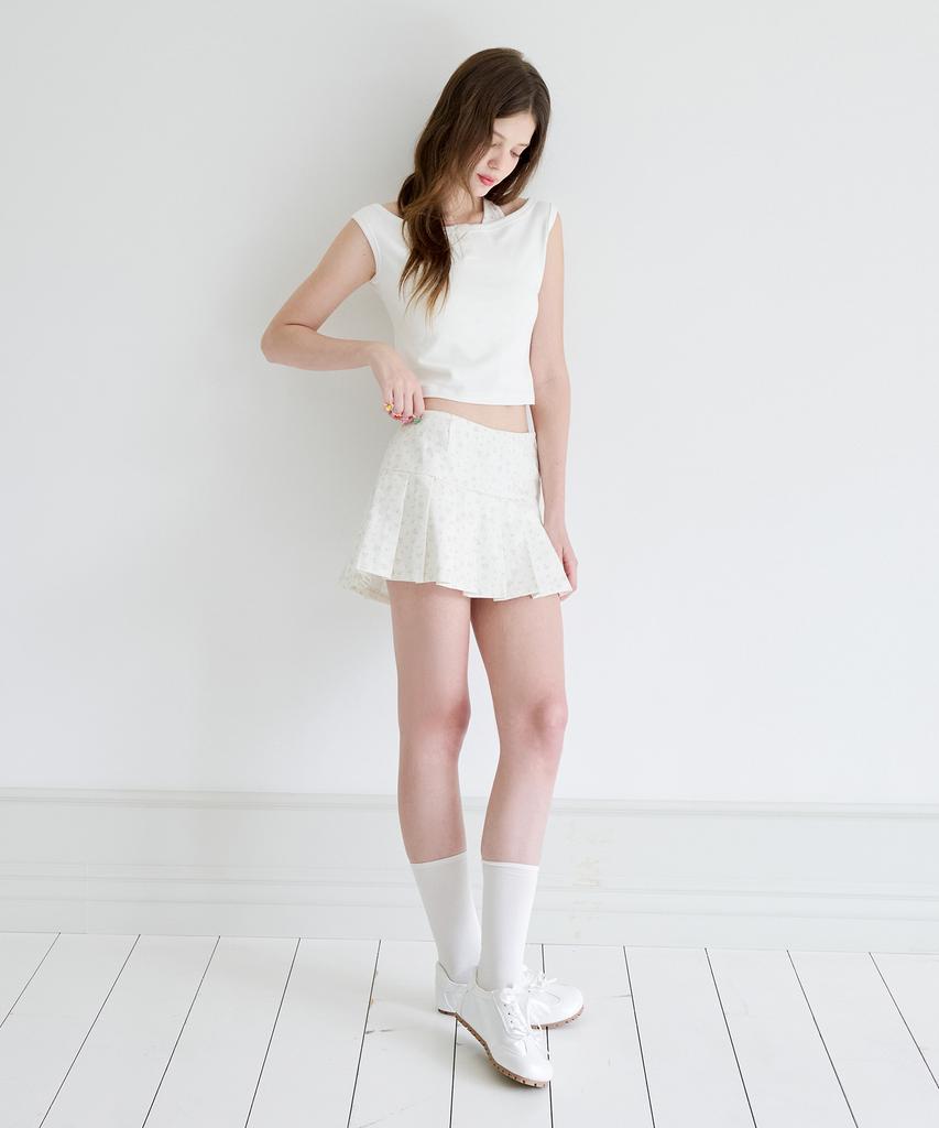 Alkialka Floral Pleats Mini Skirt (Ivory)