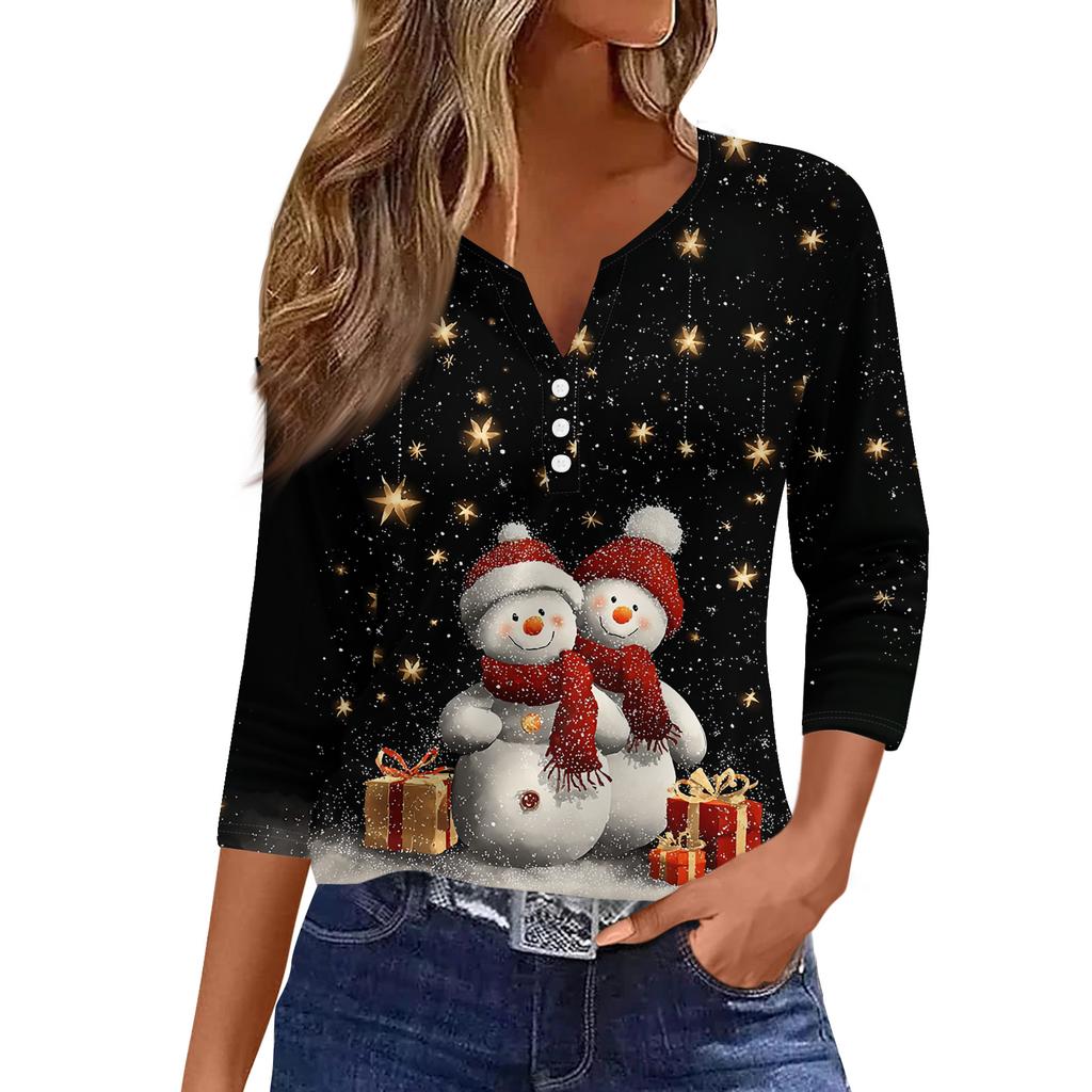 Women's Fashion Casual Christmas Tree Print V-Neck Decorative Button Three-Quarter Sleeve T-Shirt Top