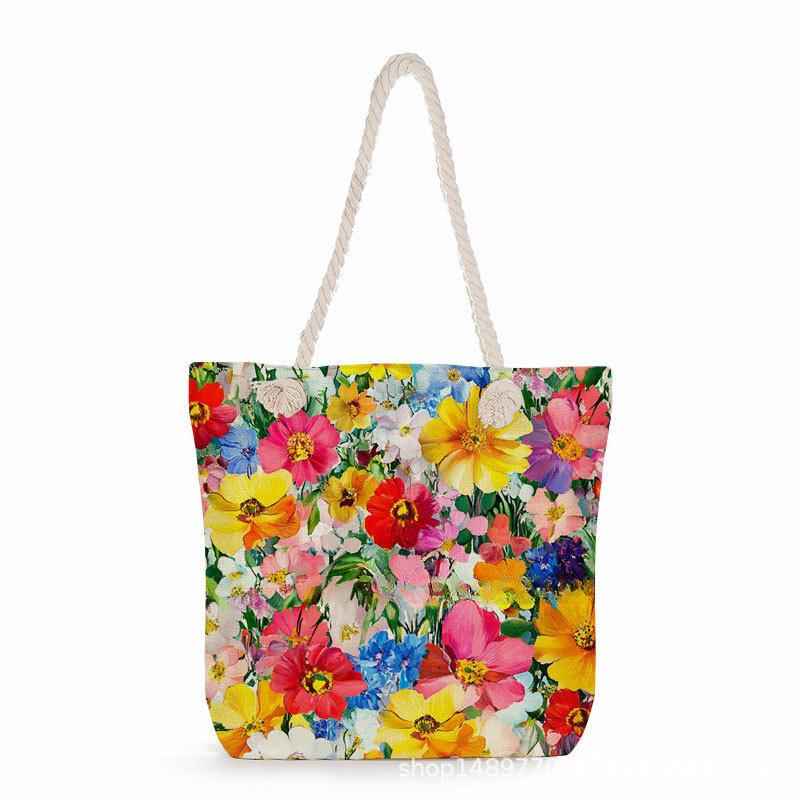 Multifunctional Flower Printed Thick Rope Shoulder Beach Bag 7578 KTB