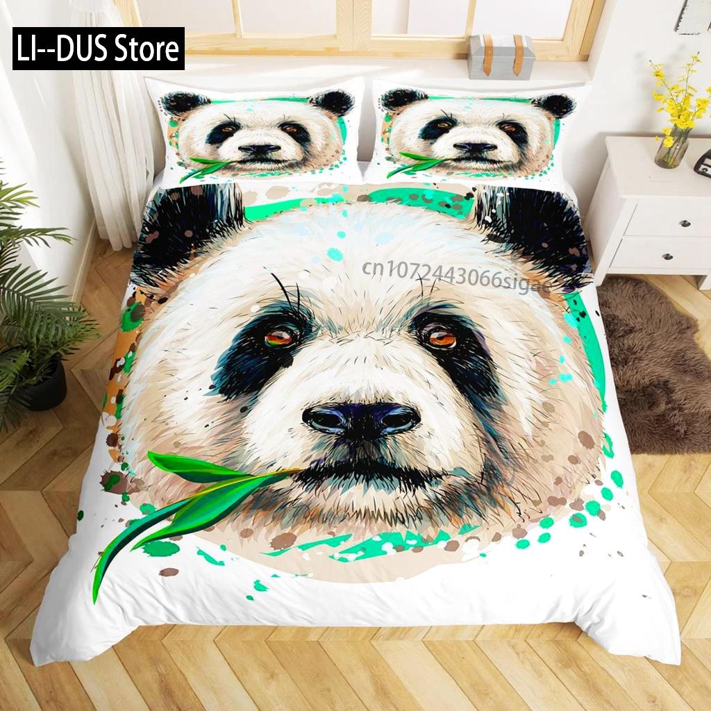 Panda Duvet Cover Set King Size Black And White Animal Comforter Cover With Pillowcases Starry Sky Blue Ultra Soft Quilt Cover