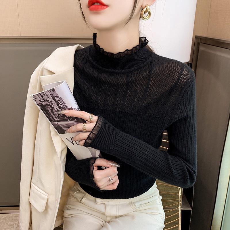 Half High Collar Lace Edge Knitted Sweater for Women Base Shirt Autumn and Winter Women's Clothing