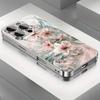 Beautiful Pink Flower Pattern Electroplated Silver Phone Case For Samsung Galaxy S25 S24 S23 Ultra Plus FE Tempered Glass Cover