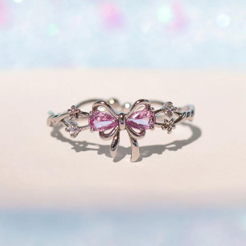 Exquisite Pink Zircon Bow Ring for Women Female Gold Color Flower Shining Crystal Open Ring Birthday Party Zircon Luxury Gifts