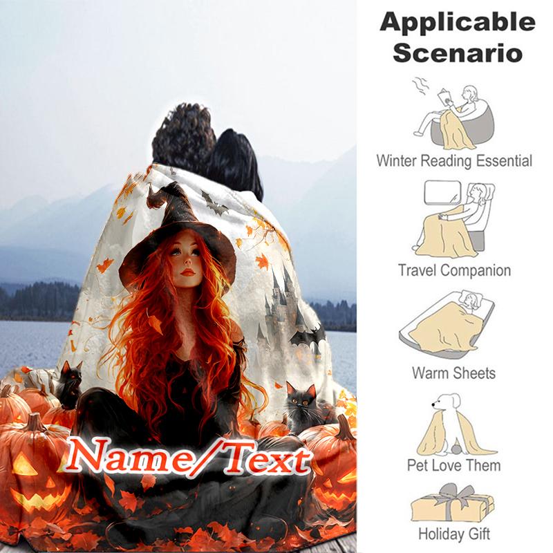 1PC Custom Name Witch Autumn Leaves Outdooor Flannel Blankets Throw Blanket All-Season Throw Gift Bedspread for Couch, Bed, Camping Holiday Birthday G