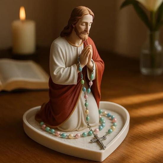 Virgin Mary Rosary Holder Resin Mary or Jesus Figurine Jewelry Dish Our Lady Prayer Rosary Dish Religious Gift Catholic Decor for Home Bedroom