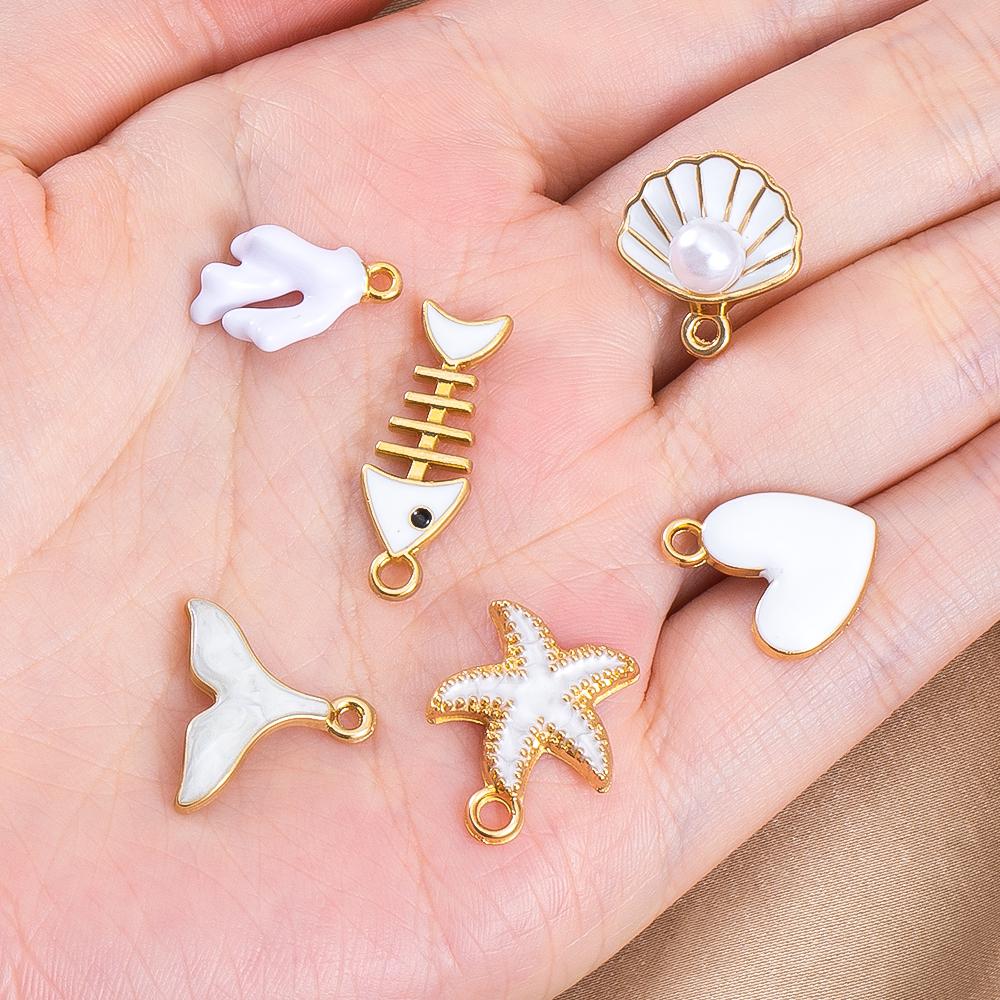 10pcs Trend White Enamel Ocean Coral Conch Fish Bones Fishtail Heart Charms Alloy Pendants DIY Necklace Keychain Jewelry Making