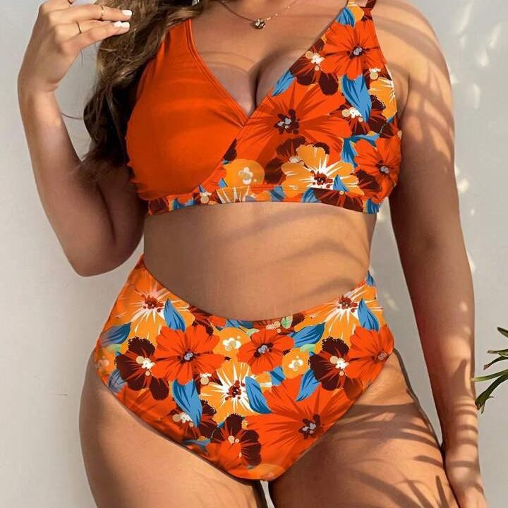 Plus Size Fashionable Sexy Floral Print Push-Up Bikini Set Swimsuit
