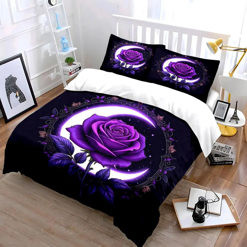 "Purple Rose Moon Decor Set" Soft Comfortable Duvet Cover Bedding Set Included 1*Duvet Cover & 2*Pillowcases gift